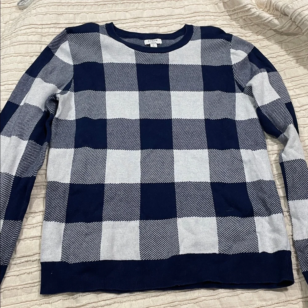 J. Crew Teddie Check Jacquard pullover Blue and White Plaid Crewneck
